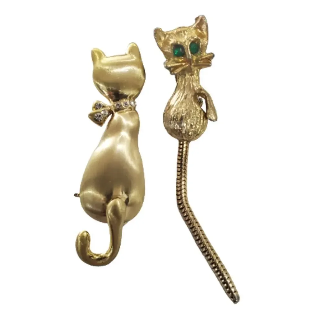 Cat Brooches Set of Two Gold Tone Pin Back Dangling Tails Rhinestone Embellished